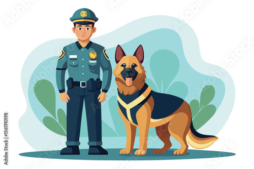 Funny cartoon vector illustration of a policeman with his dog character and a child in a hat