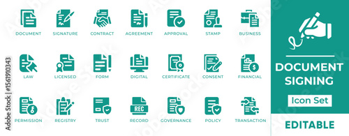 Document Signing Icon Set. Features icons of e-signature, contract, approval, stamp, file, and paperwork. Perfect for legal, admin, business, and digital platforms.