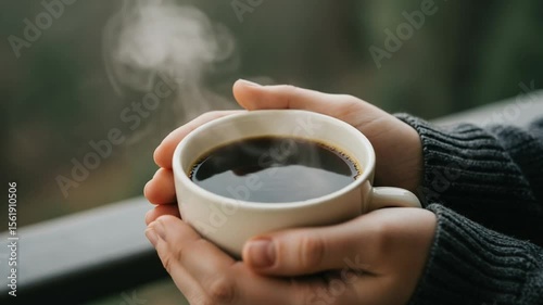 Warm coffee cup held by hands on a balcony