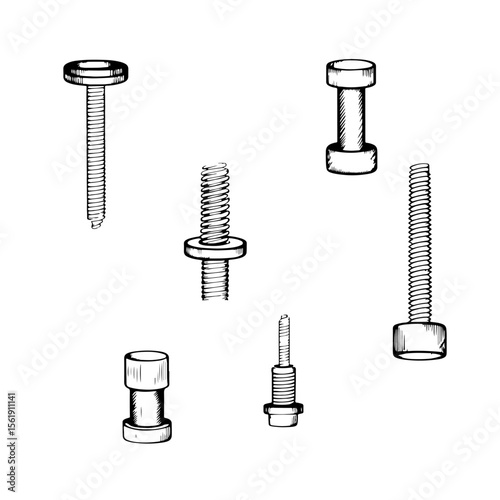 Walnuts, self-tapping screws and screws. Set of vector black and white silhouettes in outline style