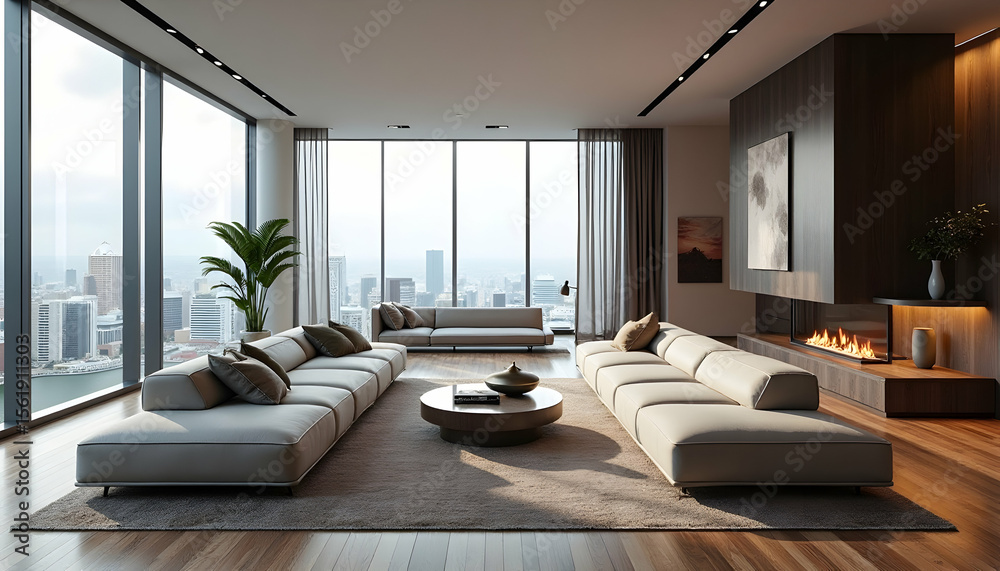 Fototapeta premium Spacious Living Room Interior with City View and Modern Fireplace