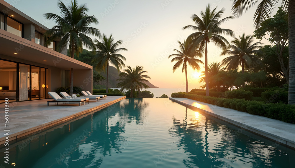 Fototapeta premium Swimming Pool View at Sunset with Palm Trees Tropical Luxury Getaway