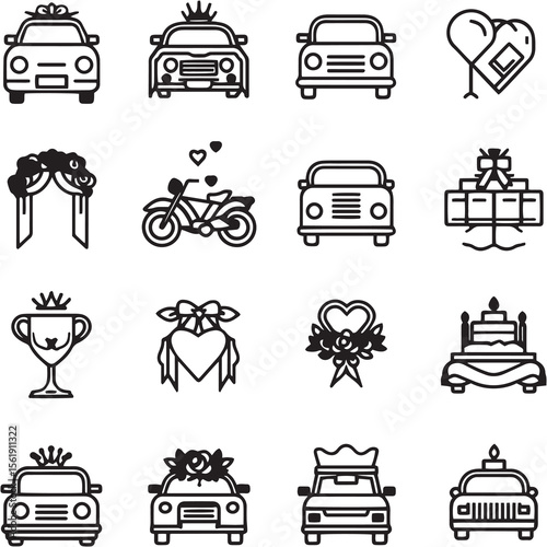 Wedding car Black Line Editable Icons set 