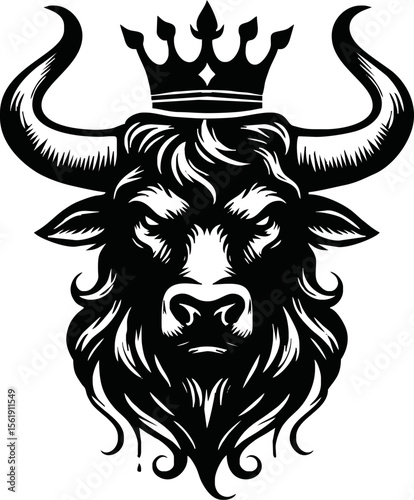 silhouette of head of a bull with a crown on black background
