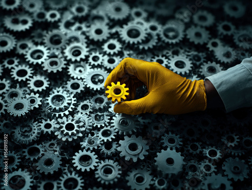 A hand with a yellow glove selects a distinct yellow gear amidst a sea of metallic gray gears, symbolizing the quest for innovation and precision in engineering.
