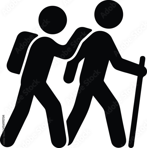 Silhouette hikers hiking together outdoors with hiking stick vector illustration