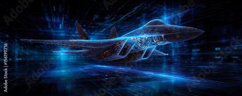A stunning visual representation of a futuristic fighter jet, rendered in a dynamic wireframe style against a vibrant digital backdrop, showcasing advanced technology and innovation.