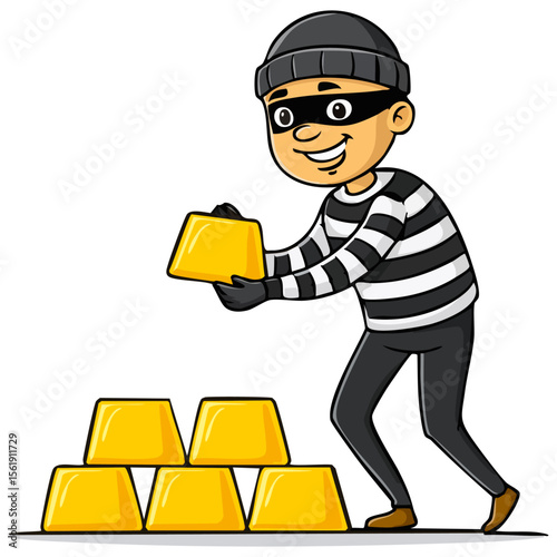 Masked burglar stealing gold bars cartoon illustration 