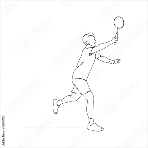 A minimalist line drawing depicts a male badminton player in a dynamic lunge, racket extended, as if reaching to hit a shuttlecock.