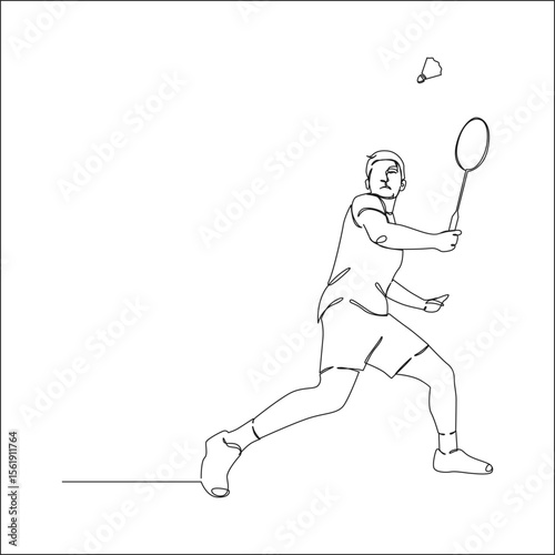 A minimalist line drawing depicts a badminton player in action, racket poised to hit a shuttlecock that is suspended in the air.