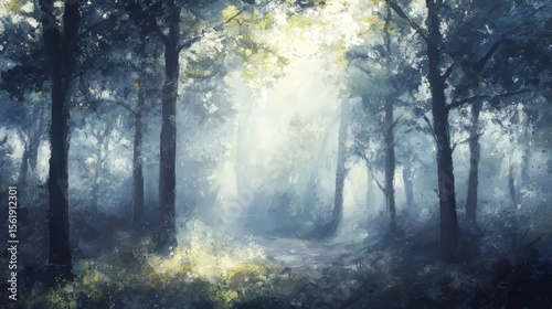 Early morning sunlight shining through misty forest trees