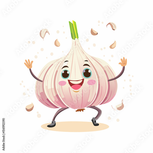 Cheerful Garlic: A lively and vibrant illustration of a happy garlic character, exuding joy and freshness. Capturing the essence of healthy eating and culinary delight.