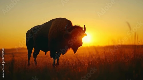 Wild buffalo bull silhouetted against golden sunset
