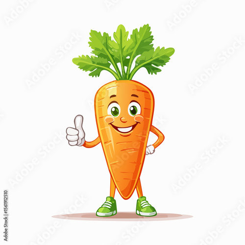 Cheerful Carrot with Thumb Up: A vibrant cartoon depicts a happy carrot character with bright eyes and a beaming smile, giving a thumbs-up gesture. Expressing healthy living and positivity in a fun.