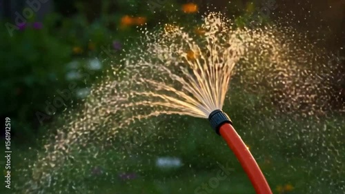 Watering garden with hose, evening glow, vibrant flowers