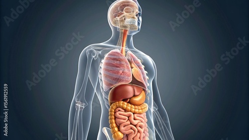 A detailed 3D illustration of the human digestive and respiratory systems within the context of the entire body. This clear and informative visual emphasizes the spatial relationship