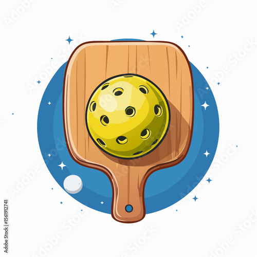 Vibrant Yellow Pickleball on Rustic Wooden Board Vector Illustration
