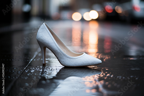 White lace wedding heel on rainy street. Symbol of a ruined wedding or runaway bride