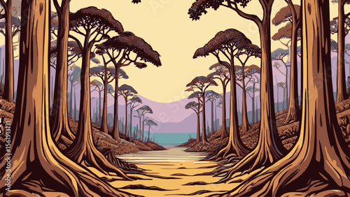 Illustration of tropical forest in the dry season