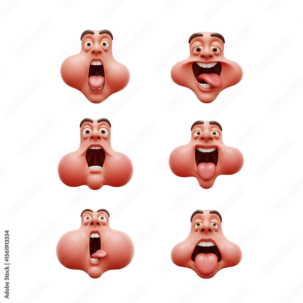 Fototapeta premium Hilarious 3D Render of Cartoon Human Faces Showing Extreme Expressions.