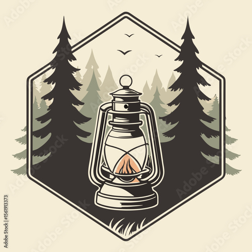 Vintage kerosene lantern glowing with fire in a forest setting with pine trees