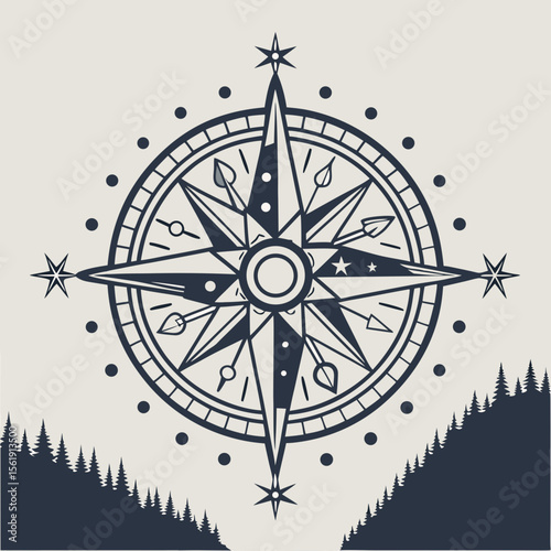 Vintage compass rose design with forest silhouette and starry sky elements