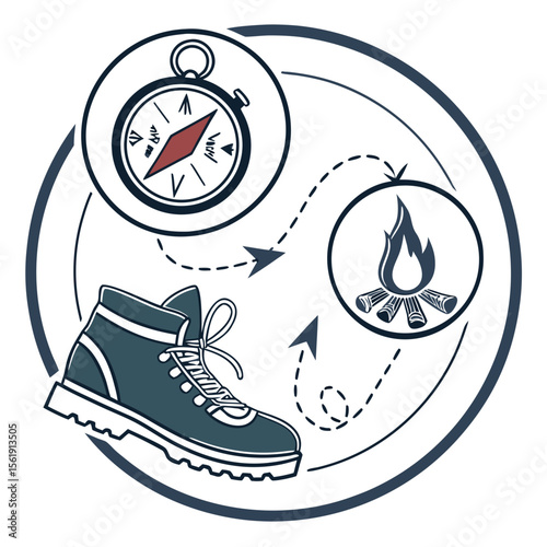 Hiking boot compass and campfire icons in a circular diagram representing outdoor adventure