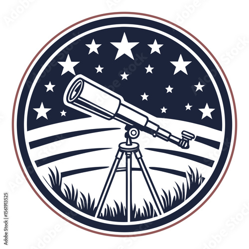 Telescope aimed at starry night sky over landscape with grass and hills