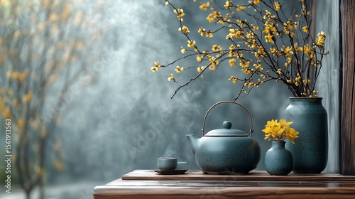 Celadon lifting-beam teapot with wintersweet branches and smoke, Chinese tea culture artistic conception  