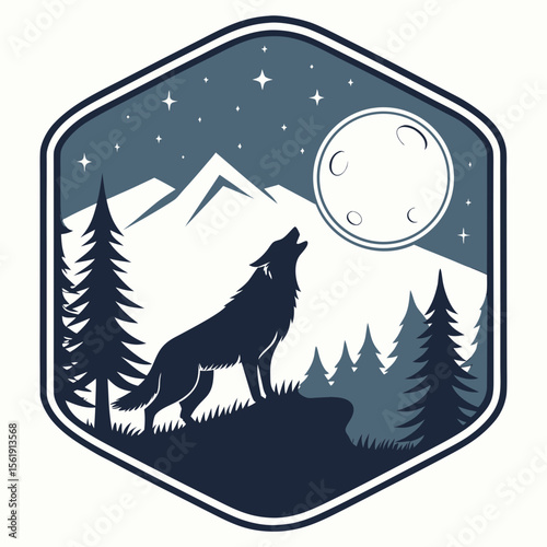 Lone wolf howling at the full moon in a starry mountain forest landscape