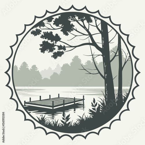 Serene lake landscape with wooden dock and forest silhouette in circular frame