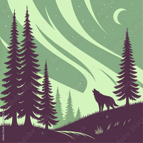 Lone wolf howls at crescent moon under swirling aurora borealis sky