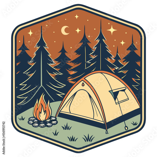 Cozy campsite with a tent and campfire under a starry night sky