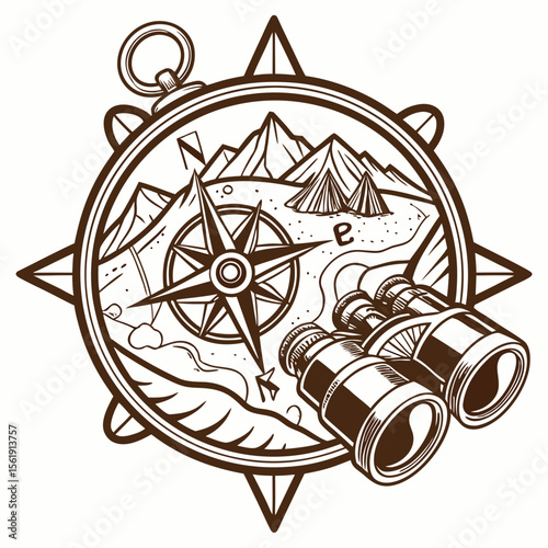 Vintage compass with binoculars and mountain landscape for adventure and exploration