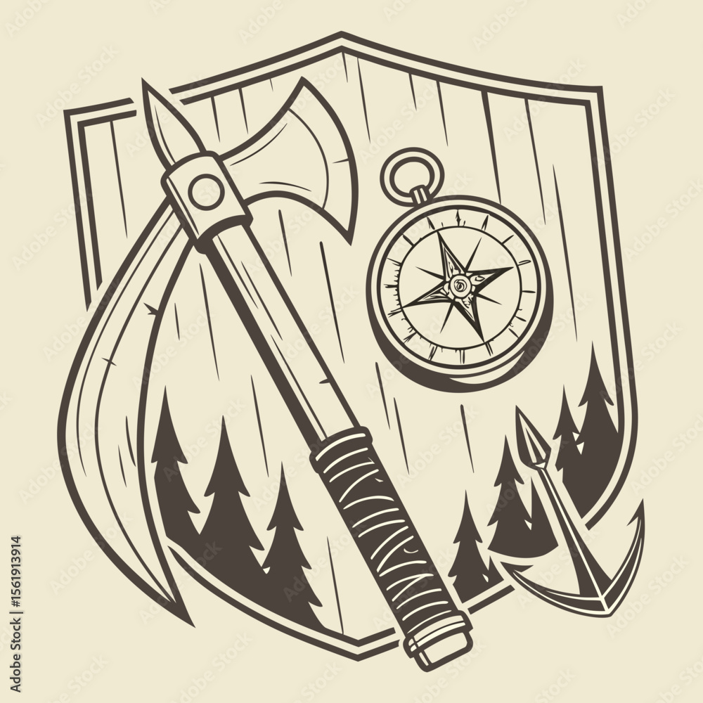 Fototapeta premium Adventure emblem featuring axe compass anchor and forest trees