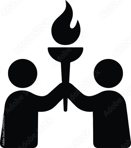 Silhouette people holding flaming torch together teamwork success vector illustration