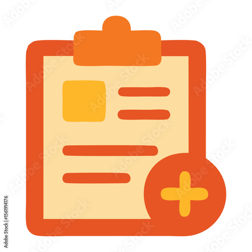 Course creation icon featuring Orange clipboard with a plus sign is suitable for new entry concepts in task management or organization visuals. Ideal for productivity designs