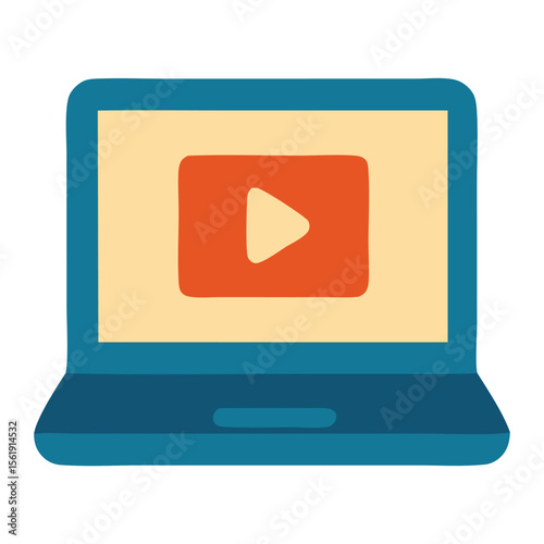 Online courses icon featuring Teal laptop with play button for video editing software advertising, multimedia projects, technology blog, and online streaming promotions