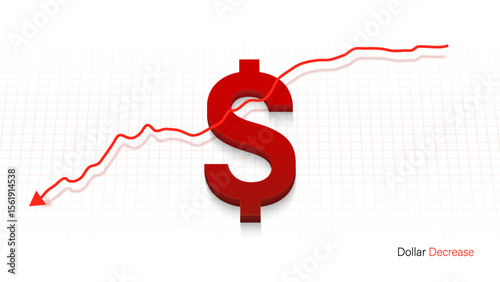 Dollar value decrease with graph and green background. US Dollar decrease vector illustration set. Financial graph with group of down trend arrow and dollar sign on red chart color background.