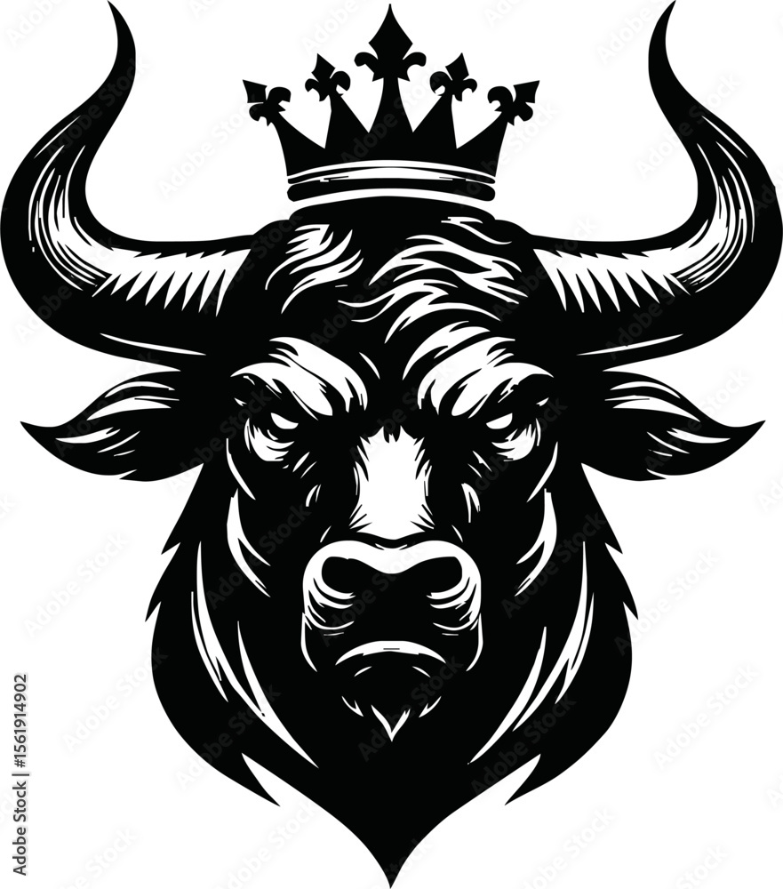 Fototapeta premium silhouette of head of a bull with a crown on black background