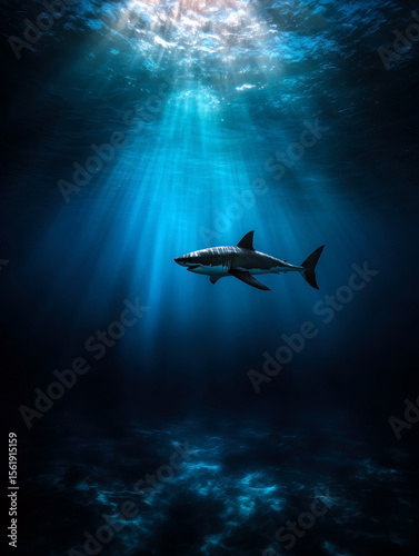 Wallpaper Mural A mesmerizing underwater scene featuring a shark gliding through shafts of sunlight, captivating the viewer with the beauty and mystery of ocean life. Torontodigital.ca