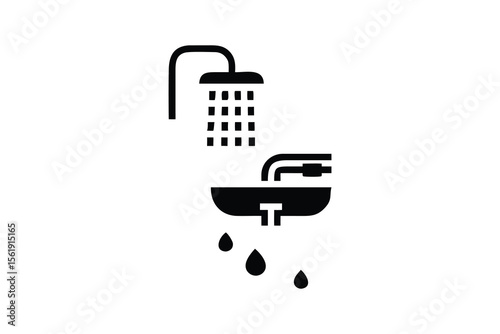 Leaky Bathroom Sink and Showerhead Icon: Minimalist Black and White Plumbing Repair Illustration
