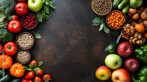 Healthy eating ingredients arranged on dark background presenting broccoli apples tomatoes nuts and seeds for vegetarian diet