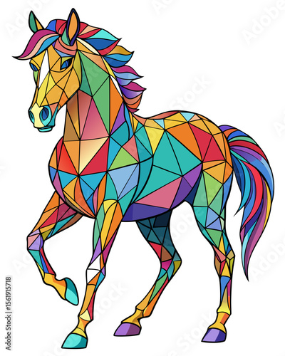 horse , Stained Glass Style, Full body	, stained glass style, full body, pattern polygon, full color rainbow