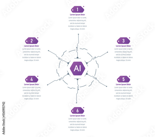 six steps information template. infographic template for artificial intelligence, business, education, technology world. infographic template for annual report, magazine, magazine