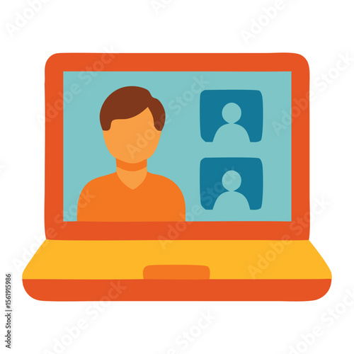 Virtual classroom icon featuring Laptop displaying a video conference with three people, suitable for illustrating remote communication, virtual teamwork, and online meetings concepts