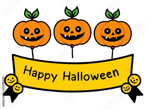 Happy Halloween Vector Banner with Cheerful Jack-O'-Lanterns and Candy