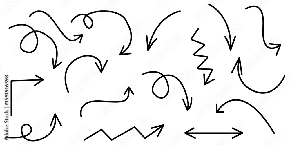 Hand Drawn Arrow Doodle Set. Curved, Zigzag, and Loop Arrows for Infographics and Presentations. Vector illustration. Hand Drawn Arrow Doodle Set. Curved, Zigzag, and Loop Arrows for Infographics and Presentations. Vector illustration.