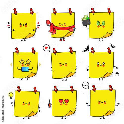 Adorable cartoon sticky notes displaying a wide range of emotions and holding various objects, such as money and knives.