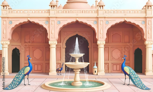 Majestic Indian Palace Vector – Ancient Architecture with Royal Arch, Peacock, Fountain, and Birds, Vintage Miniature Style Heritage Art Illustration